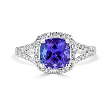 1.89 ct AAAA Cushion Tanzanite Ring with 0.22 cttw Diamond in 14K White Gold