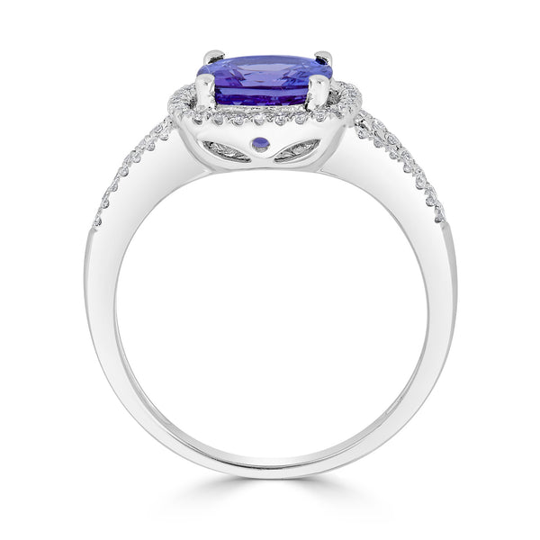 1.89 ct AAAA Cushion Tanzanite Ring with 0.22 cttw Diamond in 14K White Gold