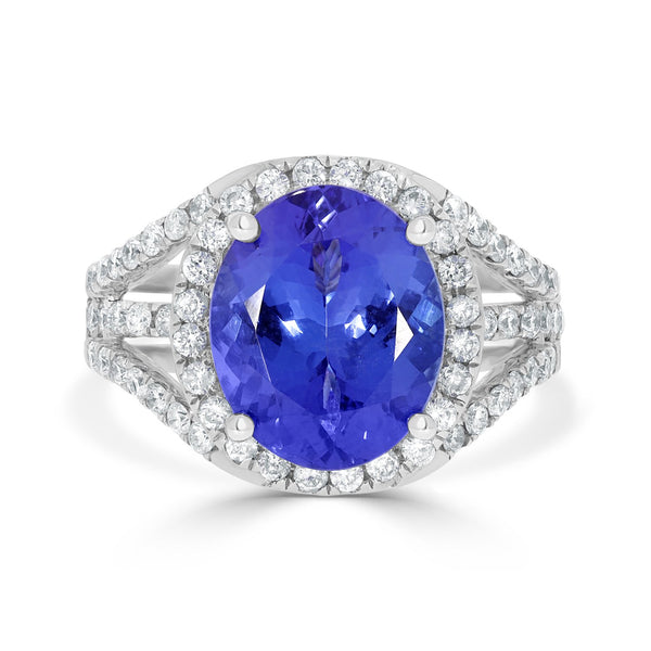 5.65ct AAAA Oval Tanzanite Ring with 0.96 cttw Diamond in 14K White Gold