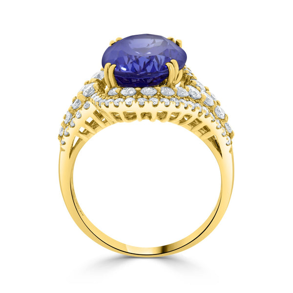 6.32ct AAAA Oval Tanzanite Ring with 1.1 cttw Diamond in 14K Yellow Gold