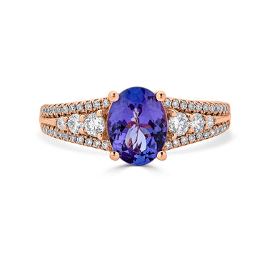 1.75 ct AAAA Oval Tanzanite Ring with 0.37 cttw Diamond in 14K Rose Gold