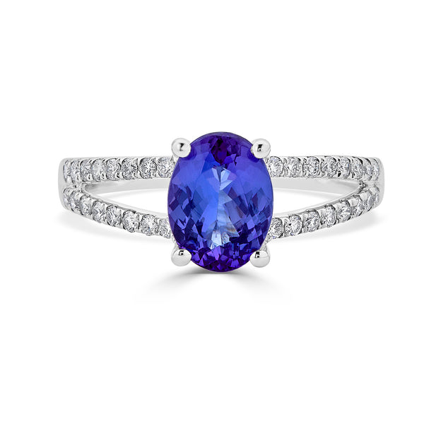 1.68 ct AAAA Oval Tanzanite Ring with 0.3 cttw Diamond in 14K White Gold