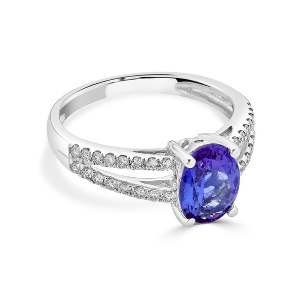 1.68 ct AAAA Oval Tanzanite Ring with 0.3 cttw Diamond in 14K White Gold