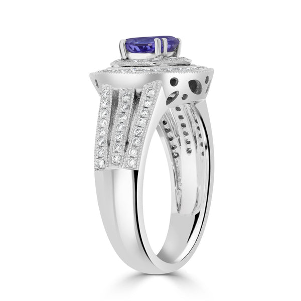 0.98 ct AAAA Round Tanzanite Ring with 0.46 cttw Diamond in 14K White Gold