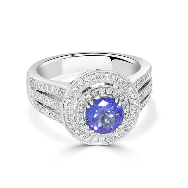 0.98 ct AAAA Round Tanzanite Ring with 0.46 cttw Diamond in 14K White Gold