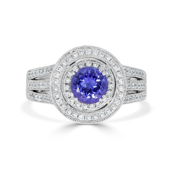 0.98 ct AAAA Round Tanzanite Ring with 0.46 cttw Diamond in 14K White Gold