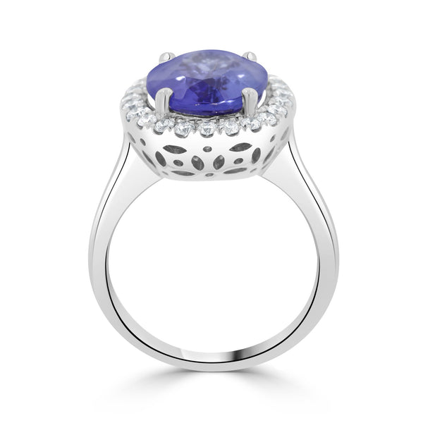4.95ct AAAA Oval Tanzanite Ring with 0.45 cttw Diamond in 14K White Gold