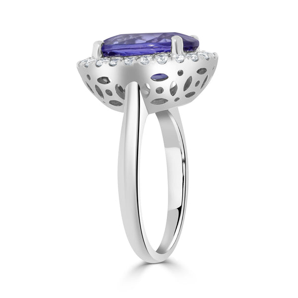 4.95ct AAAA Oval Tanzanite Ring with 0.45 cttw Diamond in 14K White Gold