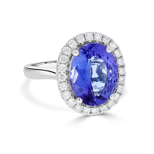 4.95ct AAAA Oval Tanzanite Ring with 0.45 cttw Diamond in 14K White Gold