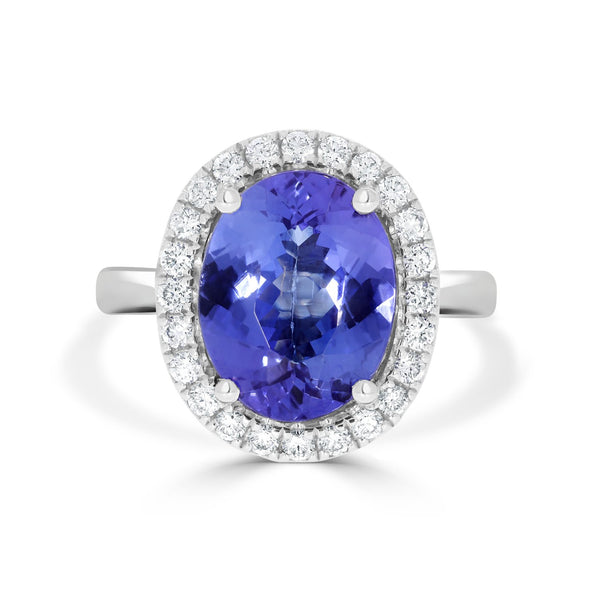 4.95ct AAAA Oval Tanzanite Ring with 0.45 cttw Diamond in 14K White Gold