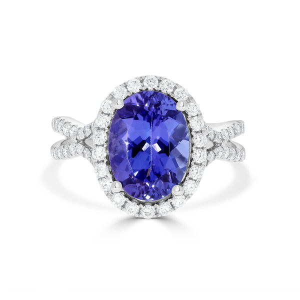 4.14ct AAAA Oval Tanzanite Ring with 0.68 cttw Diamond in 14K White Gold