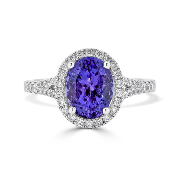 2.39 ct AAAA Oval Tanzanite Ring with 0.36 cttw Diamond in 14K White Gold