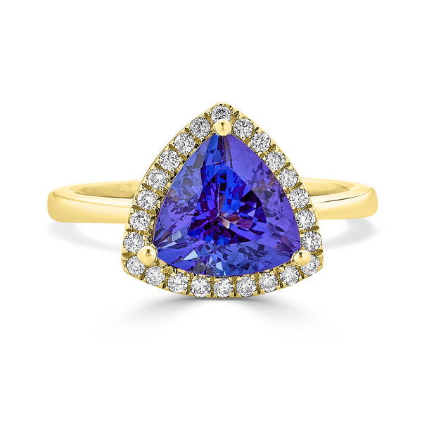 2.88 ct AAAA Trillion Tanzanite Ring with 0.2 cttw Diamond in 14K Yellow Gold