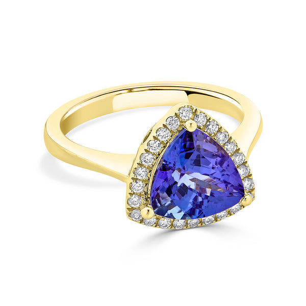 2.88 ct AAAA Trillion Tanzanite Ring with 0.2 cttw Diamond in 14K Yellow Gold