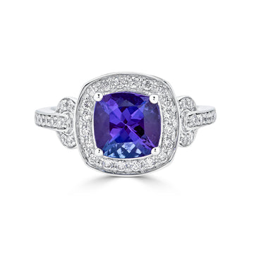 2.06 ct AAAA Cushion Tanzanite Ring with 0.37 cttw Diamond in 14K White Gold