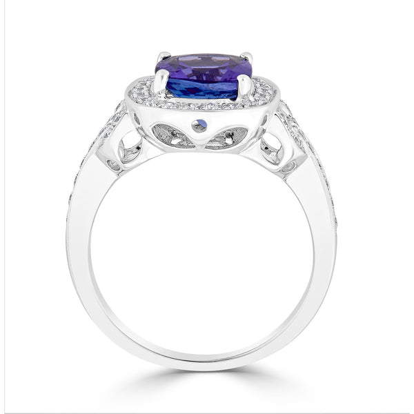 2.06 ct AAAA Cushion Tanzanite Ring with 0.37 cttw Diamond in 14K White Gold