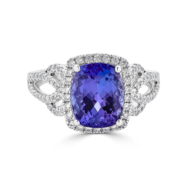 3.27 ct AAAA Cushion Tanzanite Ring with 0.62 cttw Diamond in 14K White Cold