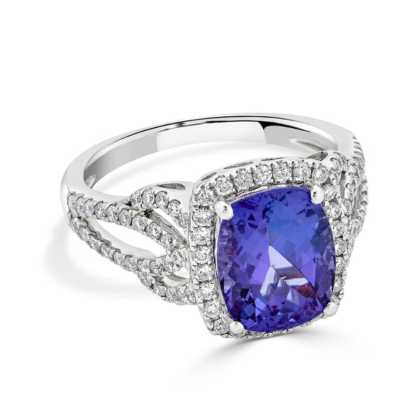 3.27 ct AAAA  Cushion Tanzanite Ring with 0.64 cttw Diamond in 14K White Gold