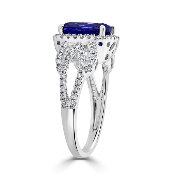 3.27 ct AAAA Cushion Tanzanite Ring with 0.62 cttw Diamond in 14K White Cold