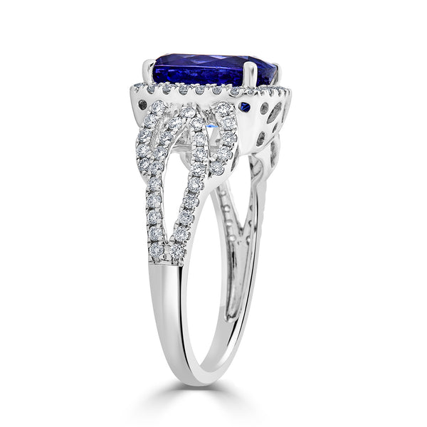 3.27 ct AAAA  Cushion Tanzanite Ring with 0.64 cttw Diamond in 14K White Gold