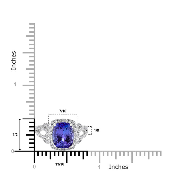 3.27 ct AAAA  Cushion Tanzanite Ring with 0.64 cttw Diamond in 14K White Gold