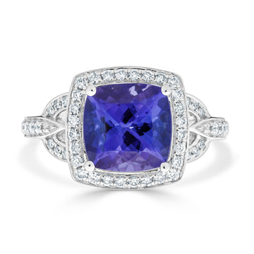 3.83 ct AAAA Cushion Tanzanite Ring with 0.39 cttw Diamond in 14K White Gold