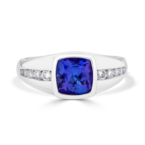 2.23 ct AAAA Cushion Tanzanite Ring with 0.36 cttw Diamond in 14K White Gold