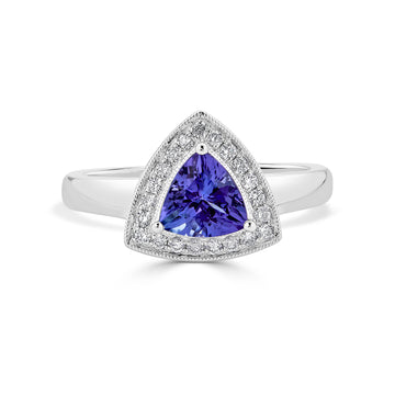 1.10 ct AAAA Trillion Tanzanite Ring with 0.16 cttw Diamond in 14K White Gold
