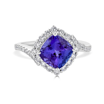 2.74 ct AAAA Cushion Tanzanite Ring with 0.52 cttw Diamond in 14K White Gold