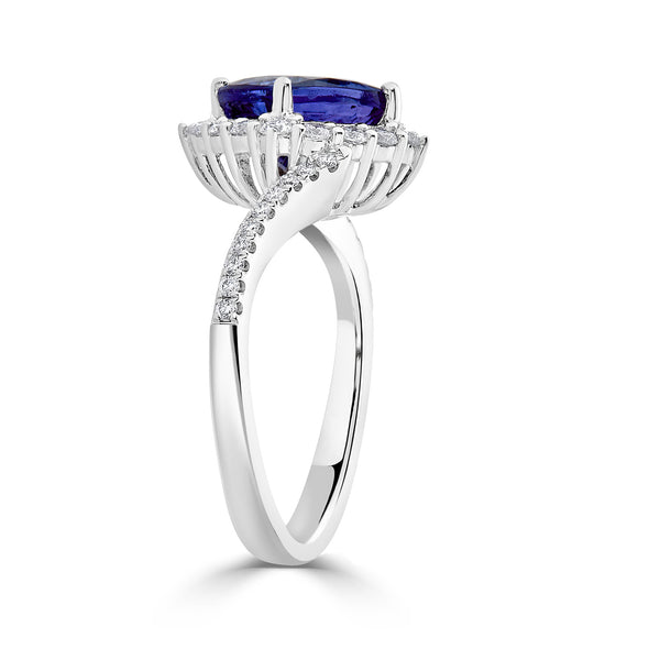 2.74 ct AAAA Cushion Tanzanite Ring with 0.52 cttw Diamond in 14K White Gold