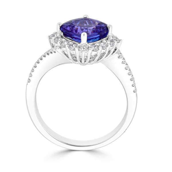 2.74 ct AAAA Cushion Tanzanite Ring with 0.52 cttw Diamond in 14K White Gold