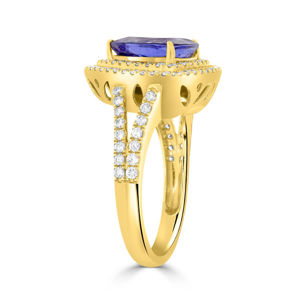 3.77ct AAAA Trillion Tanzanite Ring with 0.76 cttw Diamond in 14K Yellow Gold