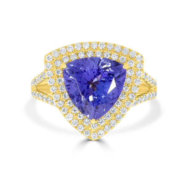 3.77ct AAAA Trillion Tanzanite Ring with 0.76 cttw Diamond in 14K Yellow Gold