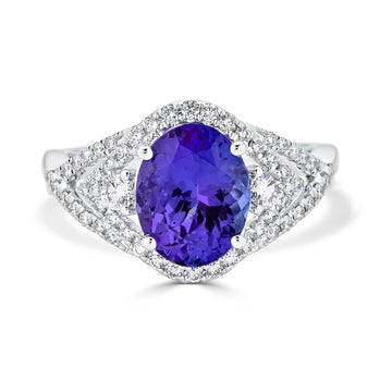 2.64 ct AAAA Oval Tanzanite Ring with 0.47 cttw Diamond in 18K White Gold