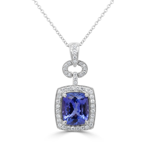 4.54ct AAAA Cushion Tanzanite Pendant with 0.4 cttw Diamond in 14K White Gold