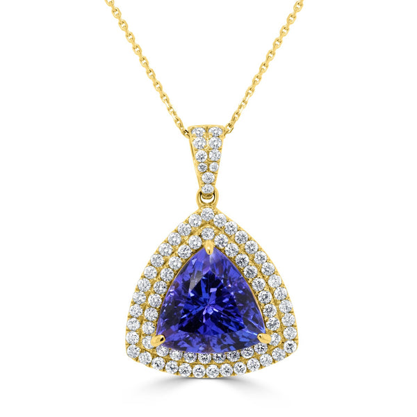 4.41ct AAAA Trillion Tanzanite Pendant with 0.63 cttw Diamond in 14K Yellow Gold