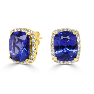 7.71ct AAAA Cushion Tanzanite Earring with 0.51 cttw Diamond in 14K Yellow Gold