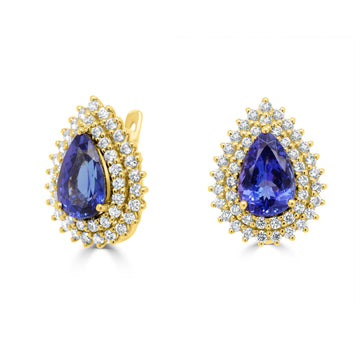 8.07ct AAAA Pear Tanzanite Earring with 2.57 cttw Diamond in 14K Yellow Gold