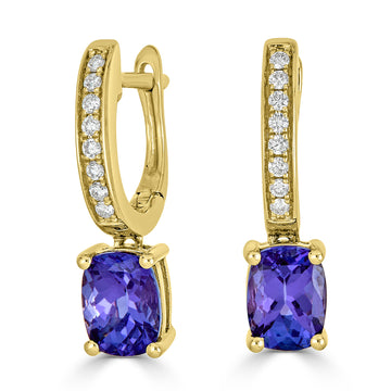 3.15 ct AAAA Cushion Tanzanite Earring with 0.21 cttw Diamond in 14K YG