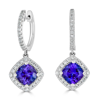 3.20 ct AAAA Cushion Tanzanite Earring with 0.67 cttw Diamond in 14K White Gold