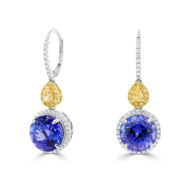 13.33ct AAAA Round Tanzanite Earring with 1.32 cttw Diamond in 14KW & 22K