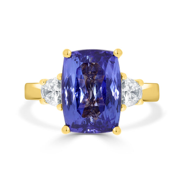 6.14ct AAAA Cushion Tanzanite Ring with 0.41 cttw Diamond in 18K Yellow Gold