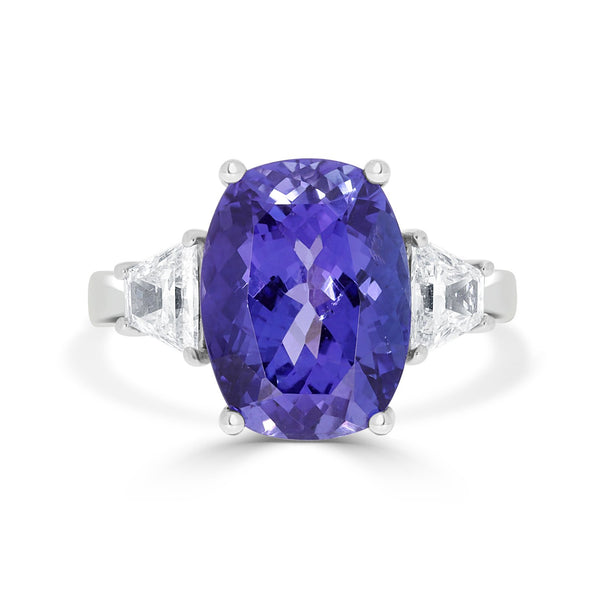 5.9ct AAAA Cushion Tanzanite Ring with 0.71 cttw Diamond in 18K White Gold