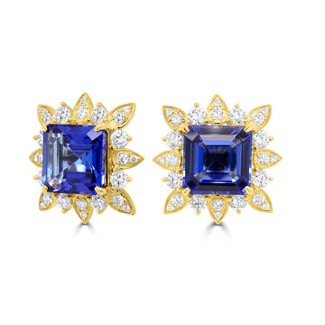 16.73ct AAAA Emerald Cut Tanzanite Earring with 2.7 cttw Diamond in 14K Yellow Gold