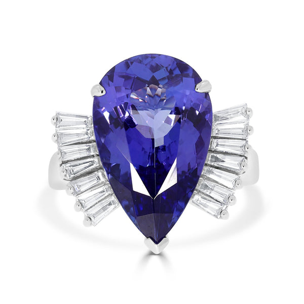 8.58ct AAAA Pear Tanzanite Ring with 0.48 cttw Diamond in 14K White Gold