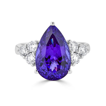 5.80 ct AAAA Pear Tanzanite Ring with 0.66 cttw Diamond in 14K White Gold
