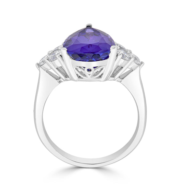 5.80 ct AAAA Pear Tanzanite Ring with 0.66 cttw Diamond in 14K White Gold
