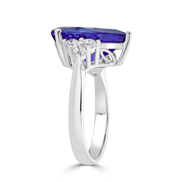 5.80 ct AAAA Pear Tanzanite Ring with 0.66 cttw Diamond in 14K White Gold