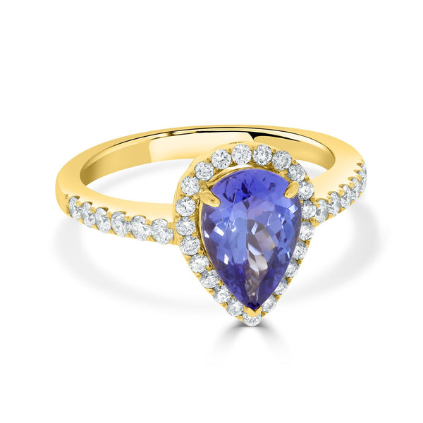 1.81 ct AAAA Pear Tanzanite Ring with 0.48 cttw Diamond in 14K Yellow Gold