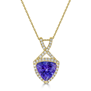 1.81 ct AAAA Trillion Tanzanite Pendant with 0.15 cttw Diamond in 14K Yellow Gold